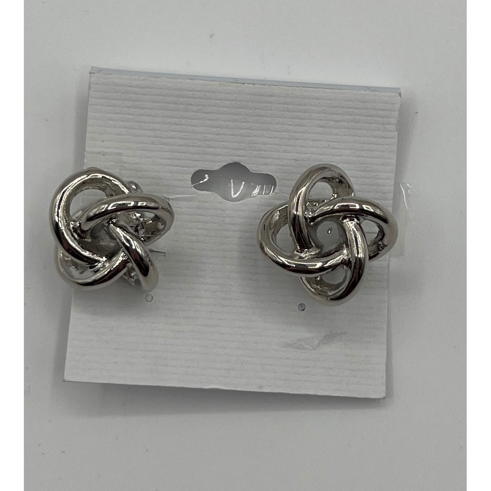 Silver Tone Love Knot Clip On Earrings Studs High Polish Intertwined Design